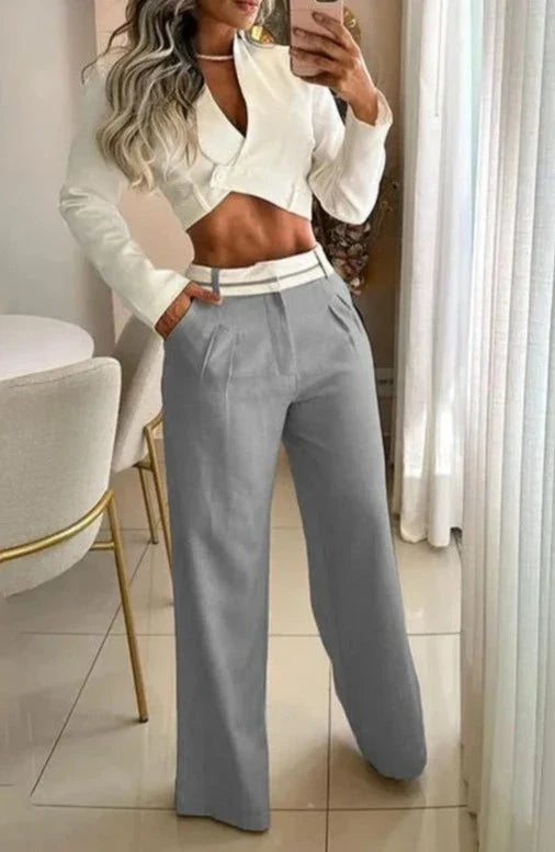 Conjunto de pantalón de cintura doble y top de manga larga AR422